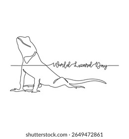 One continuous line drawing of world lizard day vector illustration. Animal world day themes design concept in simple linear continuous line. Lizard design for presentation and educational purpose.