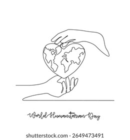 One continuous line drawing of World Humanitarian Day vector illustration. World Humanitarian Day themes design concept in simple linear continuous line. This design suitable for earth campaign.