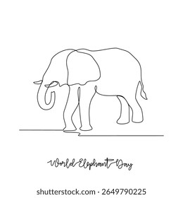 One continuous line drawing of World Elephant Day vector illustration. World Elephant Day themes design concept in simple linear continuous line. Suitable design for your campaign and design asset.