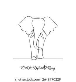 One continuous line drawing of World Elephant Day vector illustration. World Elephant Day themes design concept in simple linear continuous line. Suitable design for your campaign and design asset.