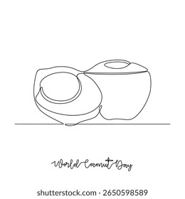 One continuous line drawing of World Coconut Day vector illustration. World Coconut Day themes design concept in simple linear continuous line. Great coconut design for campaign and business purpose.