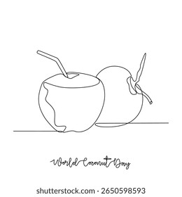 One continuous line drawing of World Coconut Day vector illustration. World Coconut Day themes design concept in simple linear continuous line. Great coconut design for campaign and business purpose.