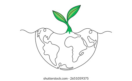 One continuous line drawing of World Environment Day. Earth globe with sprouting plant inside, simple linear style. Editable stroke for web banners, eco concept, doodle vector illustration.