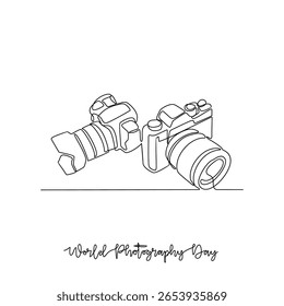 Um desenho de linha contínua da ilustração vetorial do Dia Mundial da Fotografia. Os temas do Dia Mundial da Fotografia projetam o conceito em linha contínua linear simples. Excelente design para fins de campanha e de negócios.
