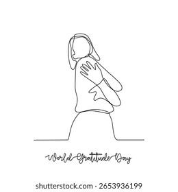 One continuous line drawing of World Gratitude Day vector illustration. World Gratitude Day themes design concept in simple linear continuous line. Great design for campaign and business purpose.