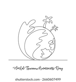 Eine durchgehende Linienzeichnung der Vektorgrafik des Welt-Tsunami-Tages. World Tsunami Awareness Day Themen Design-Konzept in einfachen linearen kontinuierlichen Linie. Großartiges Design für soziale Kampagne.