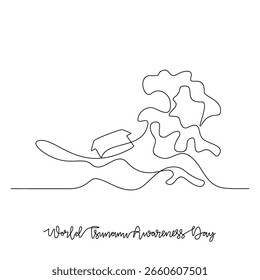 Dibujo de una línea continua de la Ilustración vectorial del Día Mundial de Concienciación sobre el Tsunami. Concepto de diseño de temas del Día Mundial de Concienciación sobre el Tsunami en línea continua lineal simple. Gran diseño para la campaña social.