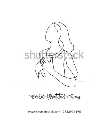 One continuous line drawing of World Gratitude Day vector illustration. World Gratitude Day themes design concept in simple linear continuous line. Great design for campaign and business purpose.
