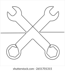 One continuous line drawing of Wrench tools minimalist hand drawn repair tool vector illustration