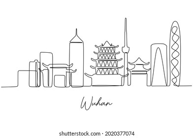 One continuous line drawing of Wuhan city, China skyline. Beautiful landmark. World travel vacation poster. Editable stylish stroke single line draw design vector illustration