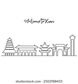 One continuous line drawing of Xian skyline vector illustration. Modern city in China in simple linear style vector design concept. Big city in China. Iconic architectural skyline building