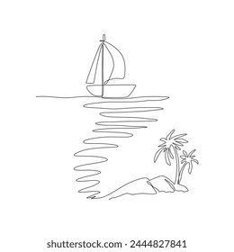 One continuous line drawing of yacht sailing on sea, island, palms. Vector simple one line landscape illustration. Ocean surface scene for minimal poster, template, adventure or vacation card design.