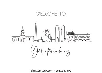 One continuous line drawing Yekaterinburg city skyline Russia. Beautiful landmark postcard. World landscape tourism travel vacation. Editable stylish stroke single line draw design vector illustration