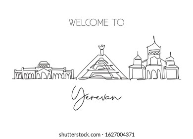 One continuous line drawing of Yerevan city skyline, Armenia. Beautiful landmark. World landscape tourism travel vacation poster. Editable stylish stroke single line draw design vector illustration