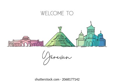 One continuous line drawing of Yerevan city skyline, Armenia. Beautiful landmark. World landscape tourism travel vacation poster. Editable stylish stroke single line draw design vector illustration