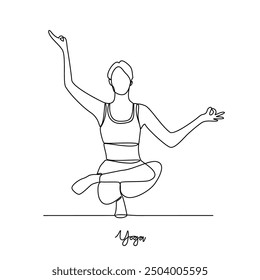 One continuous line drawing of Yoga activity vector illustration.  Yoga are combines physical postures, breathing technique, meditation, and philosophical principles. Sport theme design vector concept