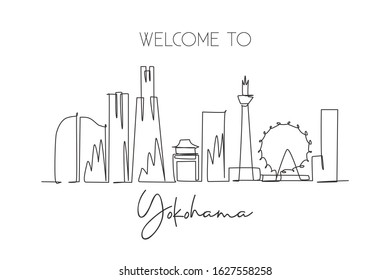 One continuous line drawing of Yokohama city skyline, Japan. Beautiful landmark. World landscape tourism and travel vacation poster. Editable stylish stroke single line draw design vector illustration