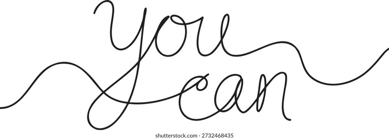 Um desenho de linha contínua de você pode. Frase inspiradora e motivacional. Letras de roteiro elegantes transmitindo encorajamento e pensamento positivo. Ideal para materiais de autoajuda, decoração de escritório e publicações em redes sociais. Texto manuscrito limpo, simples e moderno. Conceito de capacitação e superação de desafios em um fundo transparente.