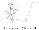 One continuous line drawing of young talented karateka girl train pose for duel fighting at dojo gym center. Mastering martial art sport concept. Dynamic single line draw design vector illustration