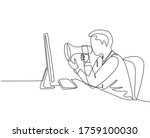 One continuous line drawing of young furious male manager screaming loud on monitor computer using megaphone. Work discipline at the office concept single line draw graphic design vector illustration