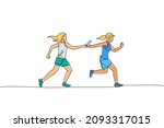 One continuous line drawing young sporty runner women pass baton stick at run race event. Healthy lifestyle and fun jogging sport concept. Dynamic single line draw design vector graphic illustration