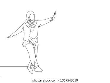 One Continuous Line Drawing Of Young Beautiful Happy Muslimah With Headscarf Dance On Street Road. Beauty Asian Woman Model In Trendy Hijab Fashion Concept Single Line Draw Design Vector Illustration