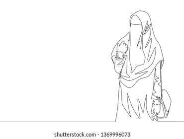 One continuous line drawing of young attractive Asian muslimah wearing burqa while carrying pocet bag. Traditional beauty Islamic woman niqab dress concept single line draw design vector illustration