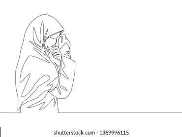 One continuous line drawing of young happy saudi arabian muslimah wearing burqa and covering face with hands. Traditional Islamic woman niqab dress concept single line draw design vector illustration