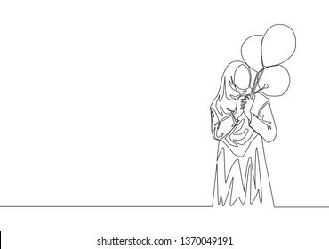 One continuous line drawing of young happy muslim girl with veil holding balloons. Cute beauty middle east women model in trendy hijab fashion concept single line draw design vector illustration