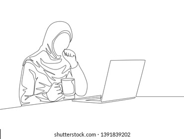 One continuous line drawing of young muslimah office employee thinking pensive in front of laptop monitor. Saudi Arabian female with hijab and veil concept. Single line draw design illustration