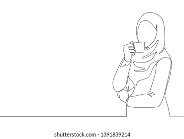 One continuous line drawing of young muslimah businesswoman thinking business ideas while holding a cup of coffee. Saudi Arabian female with vel and hijab. One line drawing illustration