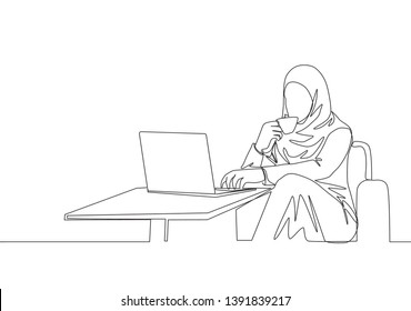 One continuous line drawing of young muslimah businesswomen reading business presentation on laptop screen. Saudi Arabian female with hijab and veil concept. Single line draw design illustration