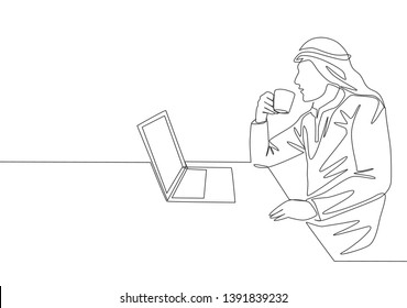 One continuous line drawing of young muslim marketing manager reading sales report from team member. Saudi Arabian male with shmag, kandora, headscarf, thobe, ghutra. One line draw design illustration