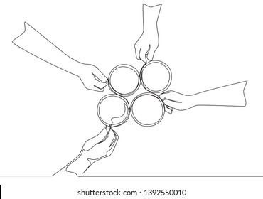 One continuous line drawing of young male and female business people team members hands cheering with glass of coffee from top view. Single line draw design graphic vector illustration