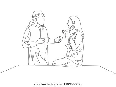 One continuous line drawing of young muslim and muslimah couple talking together while enjoying a cup of coffee drink. Saudi Arabian with kandura, hijab and veil. Single line draw design illustration