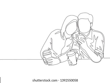 One continuous line drawing of young happy male and female couple lunch together while watching funny video on smartphone at coffee shop. Romantic concept. Single line draw design illustration