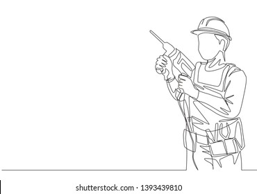 One continuous line drawing of young handyman holding drill machine. Repairman construction maintenance service concept. Single line draw design illustration