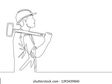 One continuous line drawing of young construction builder wearing workman uniform and helmet while holding big hammer. Craftsman home repair service concept. Single line draw design illustration
