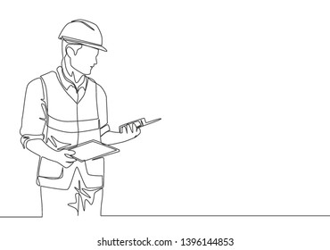 One continuous line drawing of young handsome foreman holding tablet and walkie talkie. Home renovation service concept single line draw design illustration