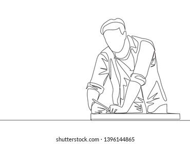 One continuous line drawing of young handsome handyman measuring wooden board to cut. Building construction service concept single line draw design illustration