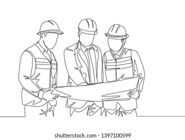 One continuous line drawing of young construction coordinator discussing construction design plan to team member. Building architecture business concept. Single line draw design graphic illustration