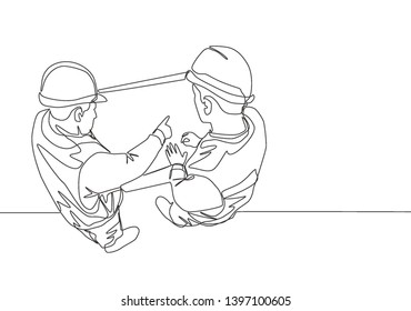 One continuous line drawing of young architect meeting at construction site to talk blueprint design to team member. Building architecture business concept. Single line draw design vector illustration