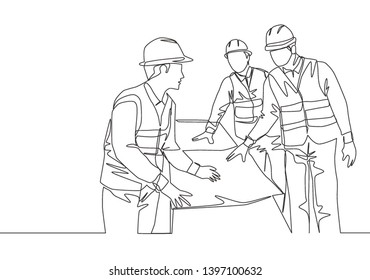 One continuous line drawing of young architects discussing construction design blueprint at office meeting. Building architecture business concept. Single line draw vector graphic design illustration