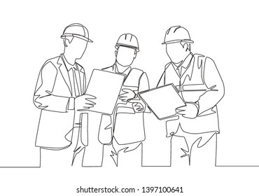 One continuous line drawing of young managers explaining short brief about construction concept to construction builders. Building architecture business concept. Single line draw design illustration