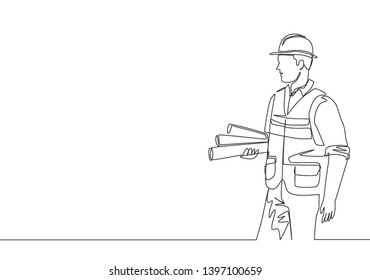 One continuous line drawing of young architect holding roll papers of draft sketch blueprint design. Building architecture business concept. Single line draw design vector graphic illustration