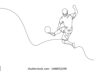 One continuous line drawing of young energetic football attacker kicking the ball really hard to the goal. Soccer match sports concept. Single line draw design vector illustration