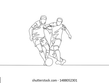 One continuous line drawing of young energetic football player try to pass opponent defender and score the ball to the goal. Soccer match sports concept. Single line draw design vector illustration