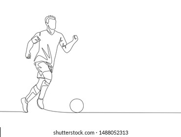 One continuous line drawing of young energetic football player dribbling and controlling the ball at the game. Soccer match sports concept. Single line draw design vector illustration