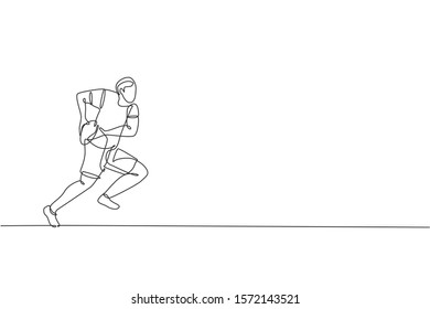 One continuous line drawing of young rugby player catch and defend the ball. Competitive aggressive sport concept. Dynamic single line draw design vector illustration for tournament promotion media