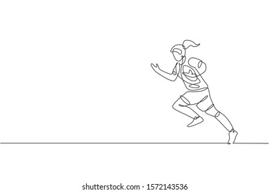 One continuous line drawing of young female rugby player catch and hold the ball. Competitive aggressive sport concept. Dynamic single line draw design vector illustration for tournament promotion